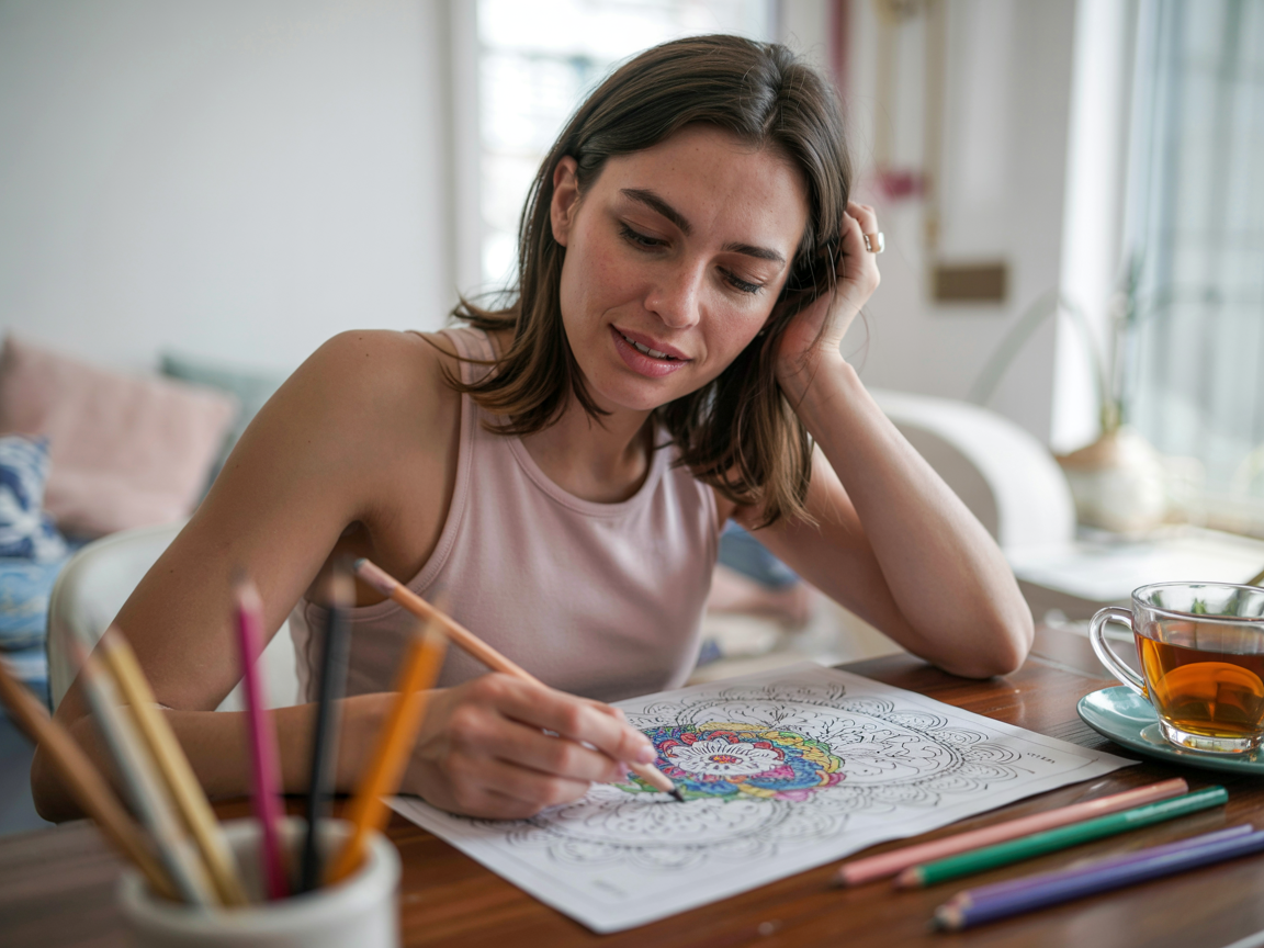 Woman coloring in an adult coloring book with focus and relaxation