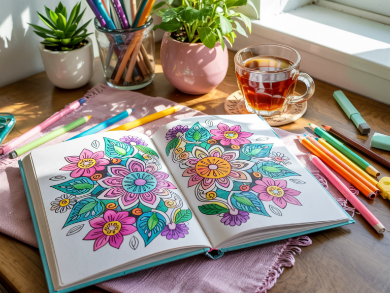 Adult coloring book partially filled with pastel colors, colored pencils, and a cup of tea on a cozy desk – a relaxing activity for anxiety relief.