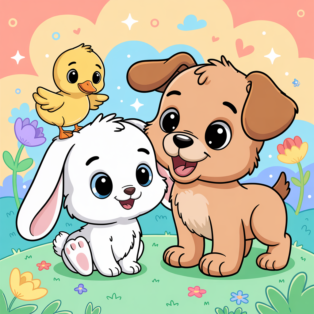 Adorable baby animals including a kitten, puppy, and bunny in a soft, pastel cartoon landscape.