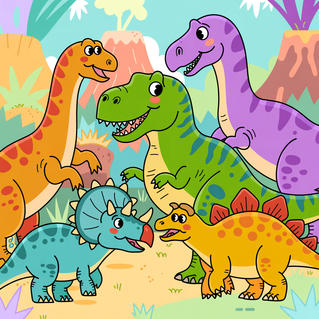 Colorful prehistoric landscape with smiling dinosaurs like T-Rex, Stegosaurus, and Pterodactyl.