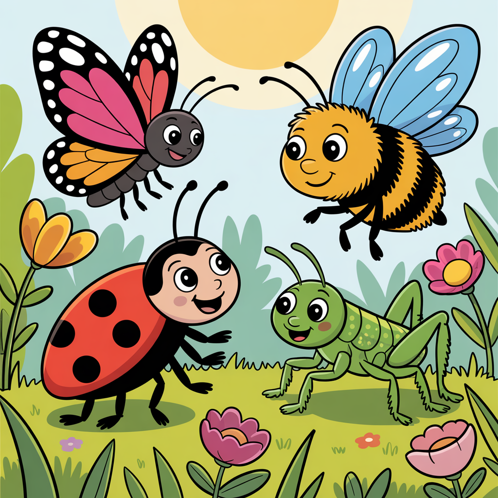 Garden scene with colorful insects like butterflies, ladybugs, and bees flying among flowers.