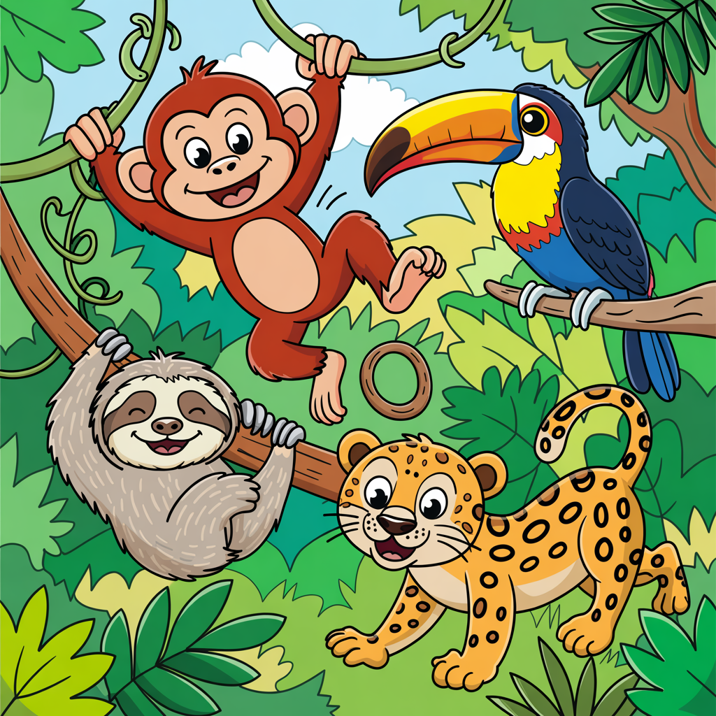 Colorful rainforest background with swinging monkeys, toucans, and tropical plants.