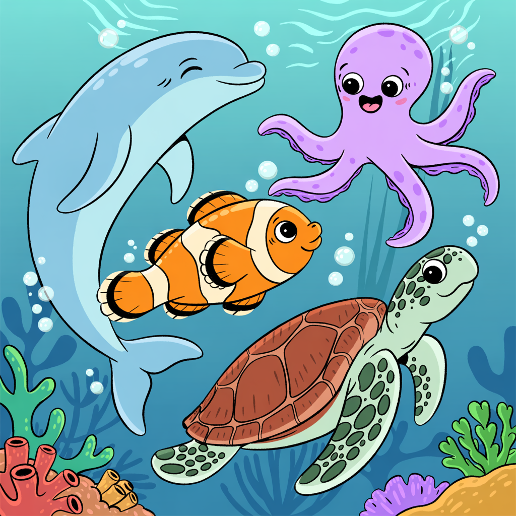 Underwater scene with dolphins, fish, sea turtles, and coral reef in bright pastel tones.