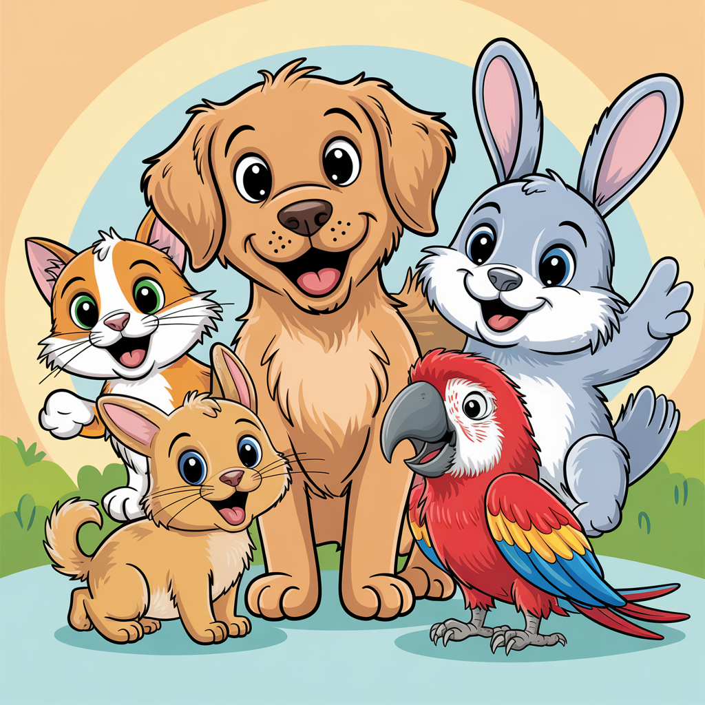 Colorful cartoon-style pets including a dog, cat, bunny, and parrot on a soft pastel background.