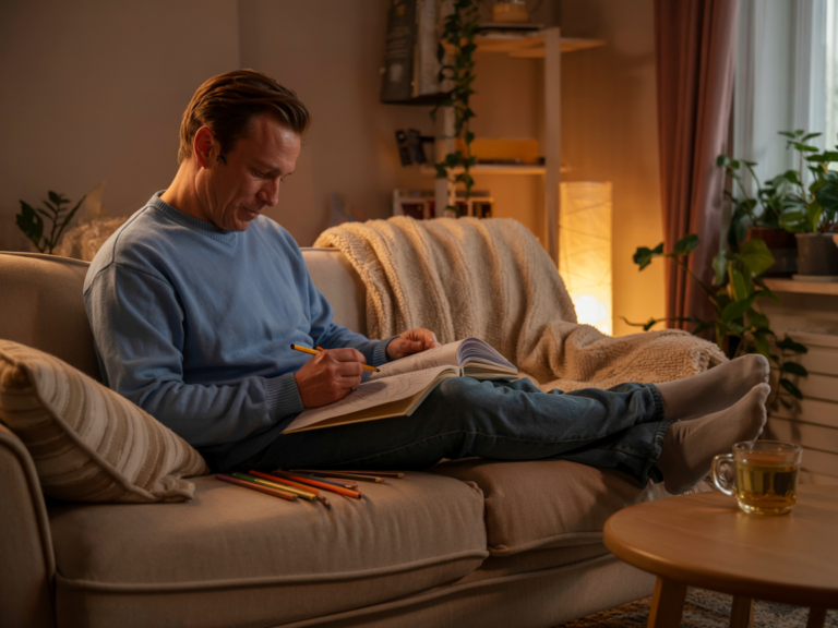 Adult man relaxing on a sofa while coloring as part of his daily wellness routine, cozy living room, soft light and calm atmosphere