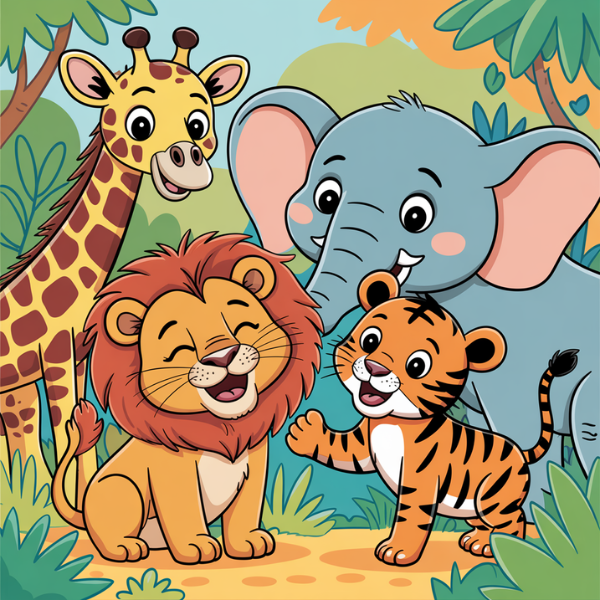 Jungle scene with colorful wild animals like tiger, elephant and giraffe in a natural vibrant setting.