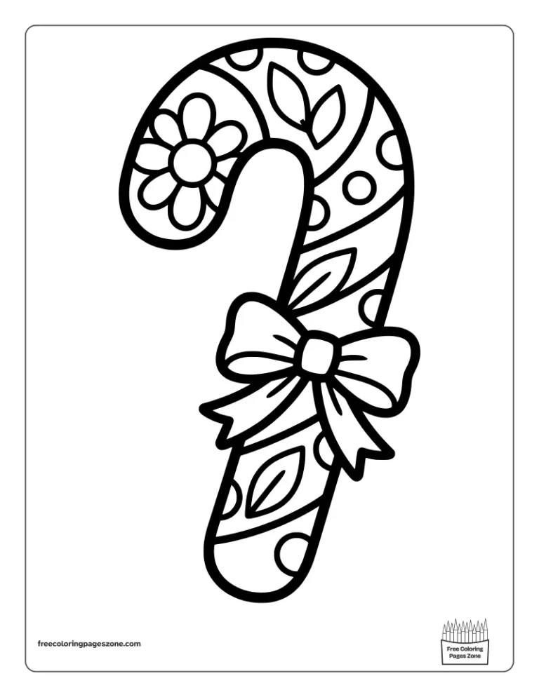 Christmas mandala candy cane coloring page with a ribbon bow, flowers, leaves and big dots