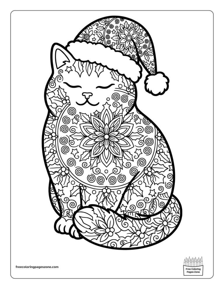 Christmas mandala cat coloring page of a peaceful cat in a Santa hat with holly and swirls