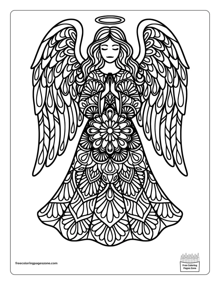 Christmas mandala angel coloring page with open wings, a flowing dress and a small halo