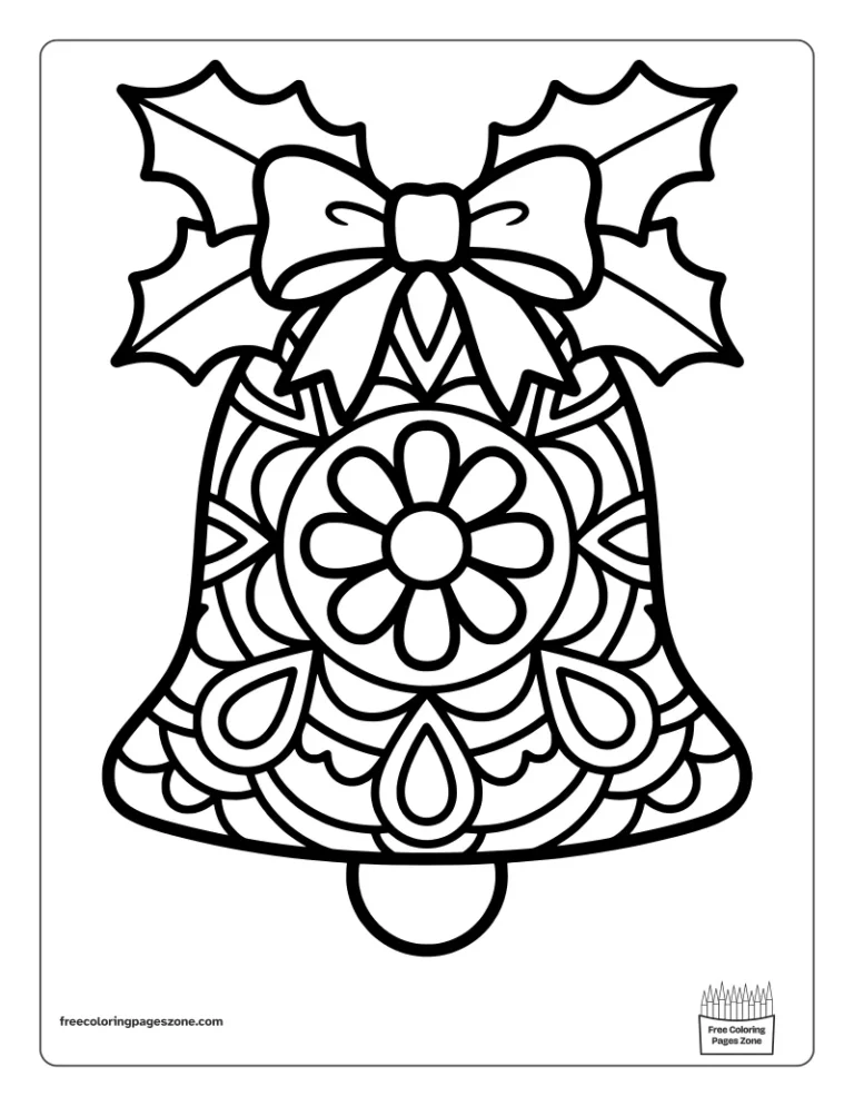 Christmas mandala bell coloring page with a ribbon bow, holly leaves and a large flower pattern