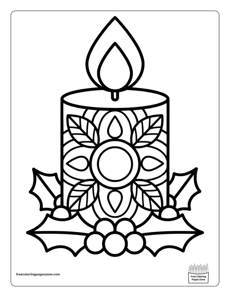 Christmas mandala candle coloring page with a flame, a ring of holly leaves and berries