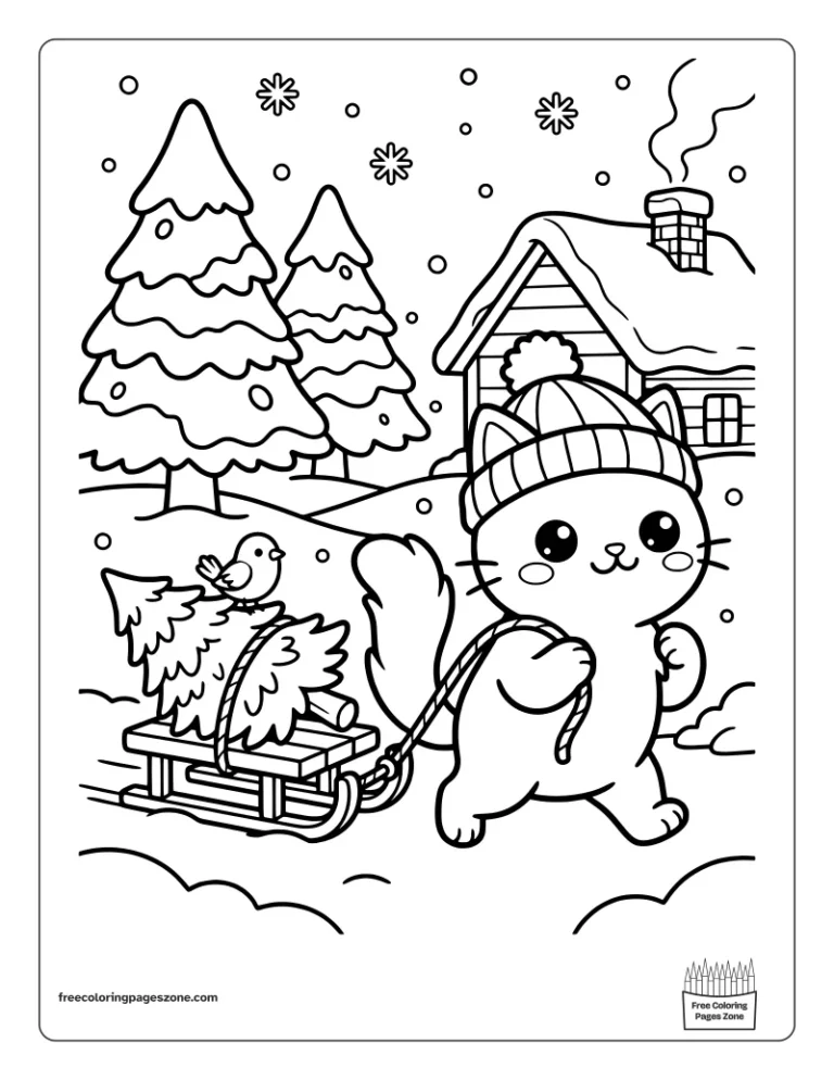 Christmas cat in a knitted hat pulling a little pine tree home on a sled coloring page