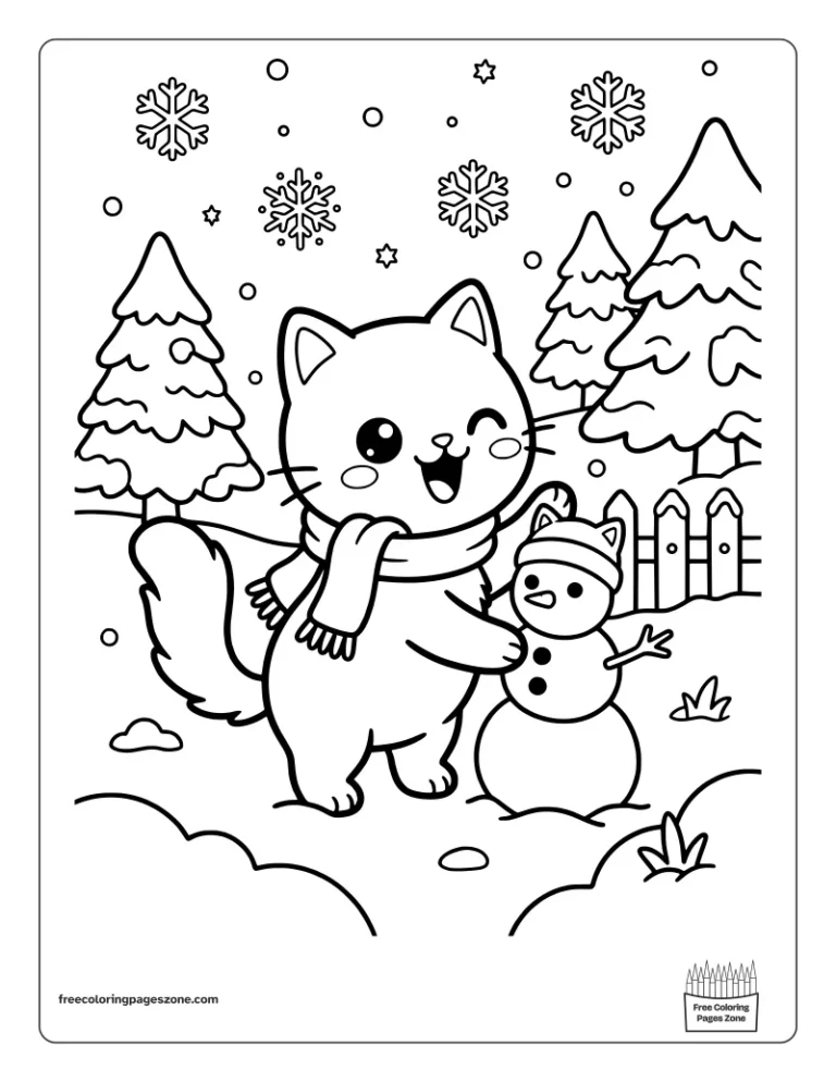 Christmas cat in a scarf building a snowman with a cat-ear hat coloring page