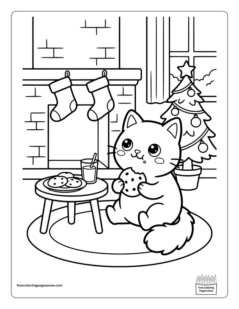 Christmas cat with cookies and milk for Santa by the fireplace coloring page