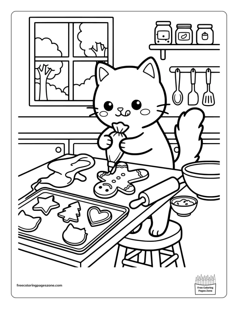Christmas cat decorating gingerbread cookies with an icing bag, bold and easy coloring page