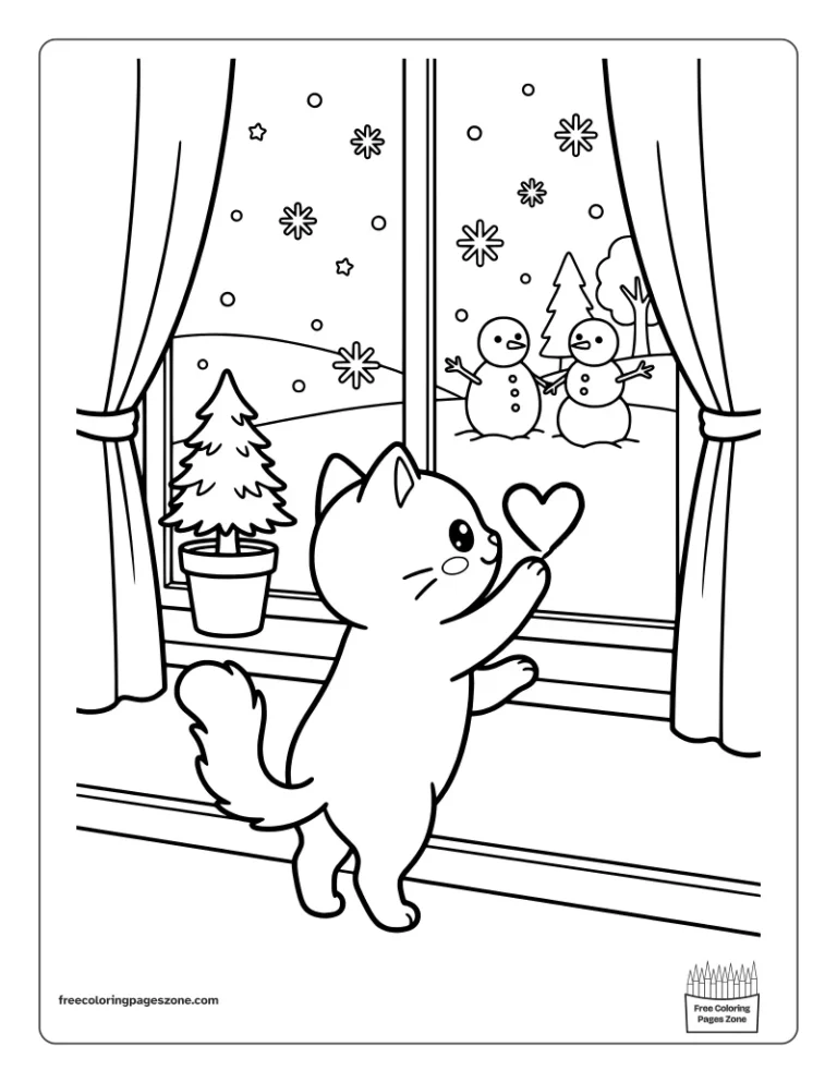 Christmas cat drawing a heart on a frosty window with two snowmen outside coloring page