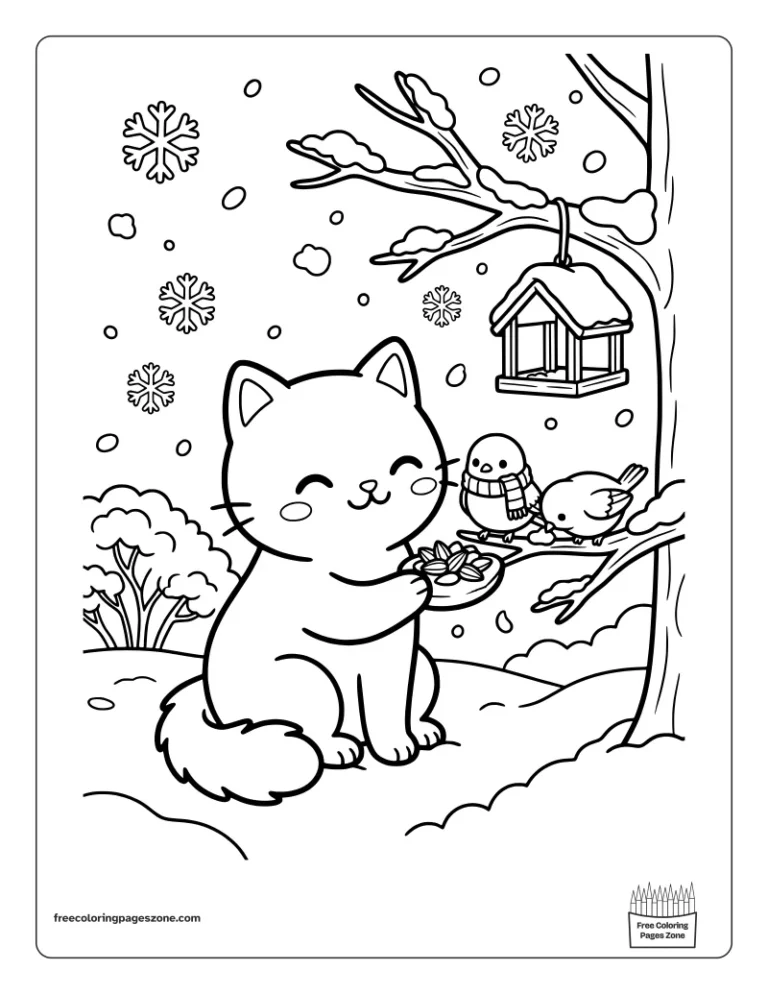Christmas cat feeding seeds to two little birds on a snowy branch coloring page
