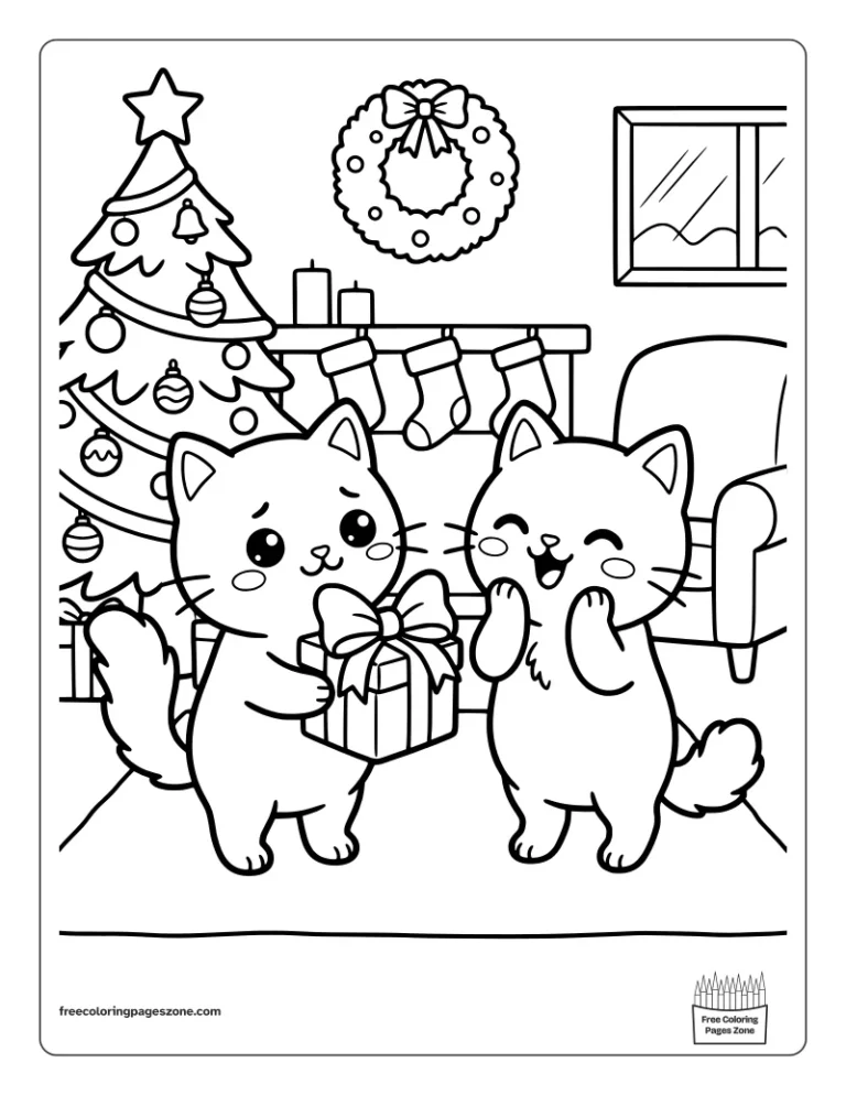 Christmas cat giving a present with a giant bow to a surprised friend coloring page