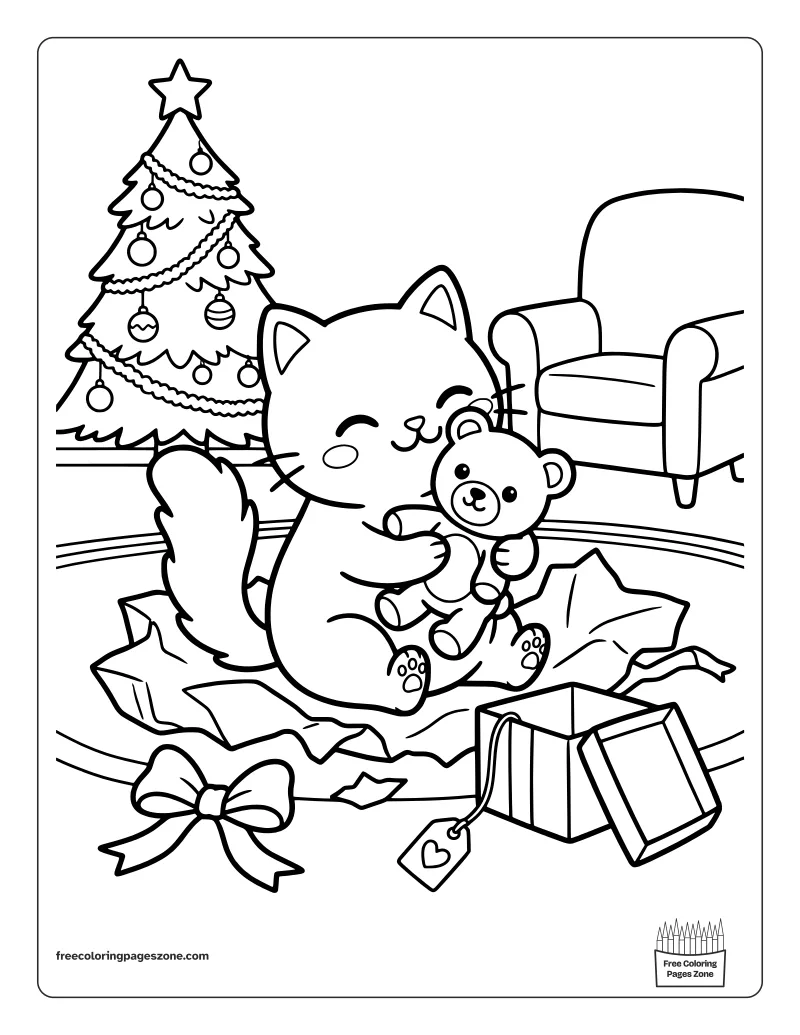 Christmas cat hugging a new teddy bear among torn wrapping paper coloring page