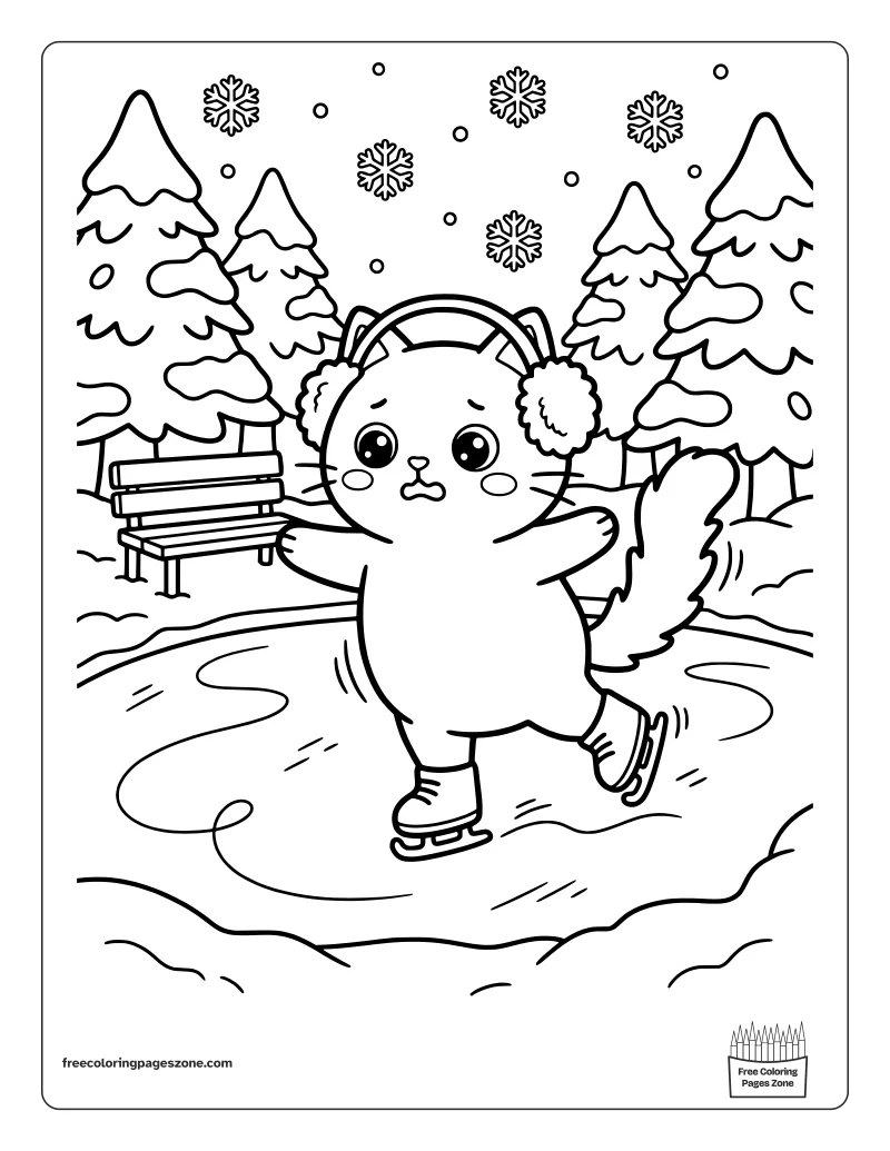 Christmas cat in earmuffs ice skating on a frozen pond coloring page