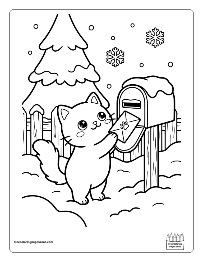 Christmas cat mailing a letter to Santa in a snowy mailbox coloring page