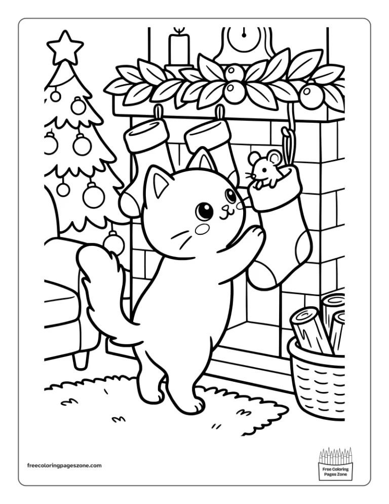 Christmas cat peeking into a stocking on the fireplace mantel with a toy mouse coloring page