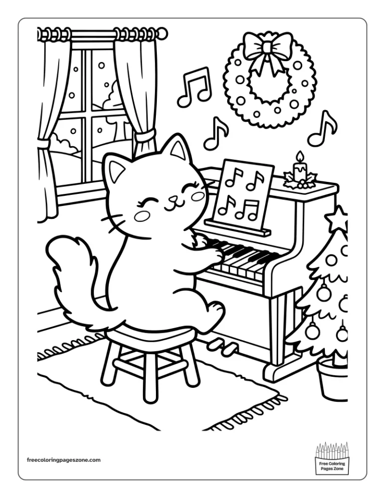 Christmas cat playing the piano with music notes, a tree and a wreath coloring page