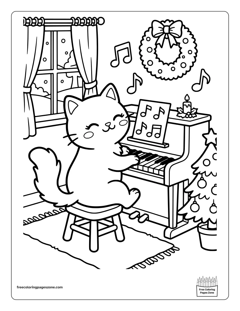 Christmas cat playing the piano with music notes, a tree and a wreath coloring page
