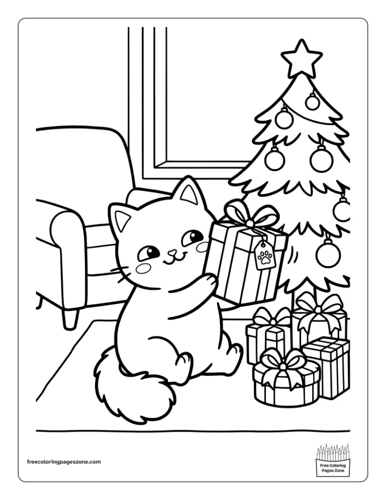 Christmas cat shaking a present next to its ear by the tree coloring page