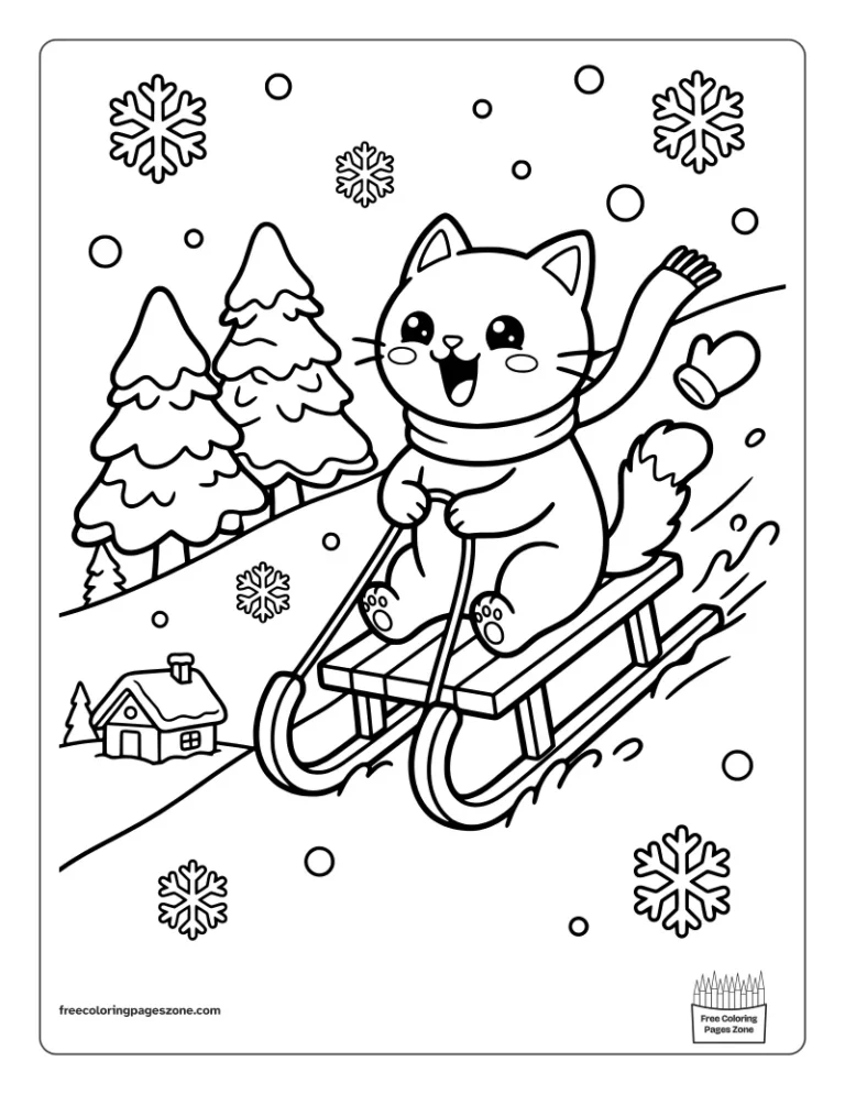 Christmas cat riding a wooden sled down a snowy hill with a mitten flying behind coloring page