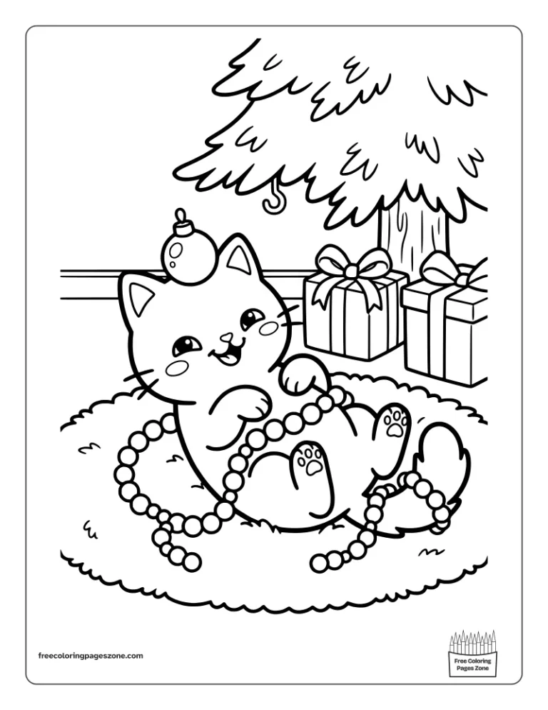 Funny Christmas cat tangled in a bead garland with an ornament on its head coloring page