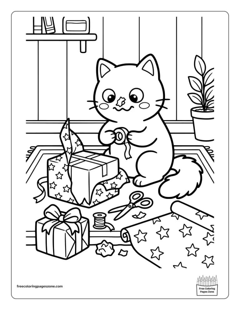 Funny Christmas cat wrapping a present with tape stuck on its nose coloring page
