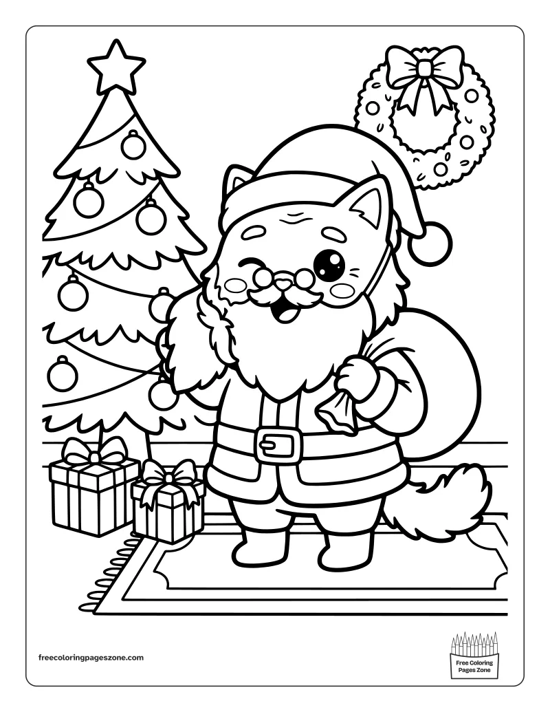 Grandpa Christmas cat dressed as Santa with a sack of presents and a loose fake beard coloring page