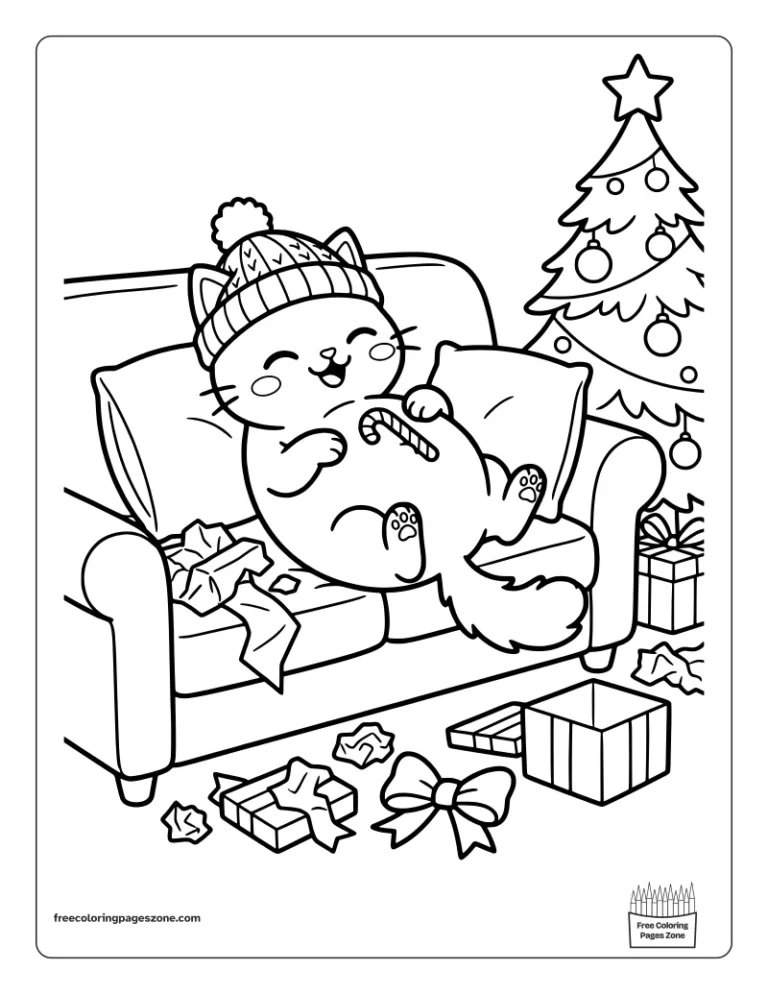 Happy Christmas cat resting on the sofa among wrapping paper with a candy cane on its belly coloring page
