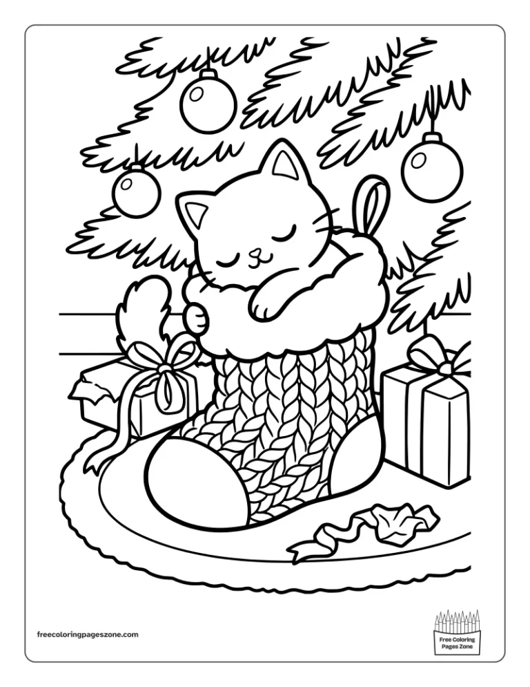 Christmas kitten fast asleep inside a big knitted stocking under the tree coloring page