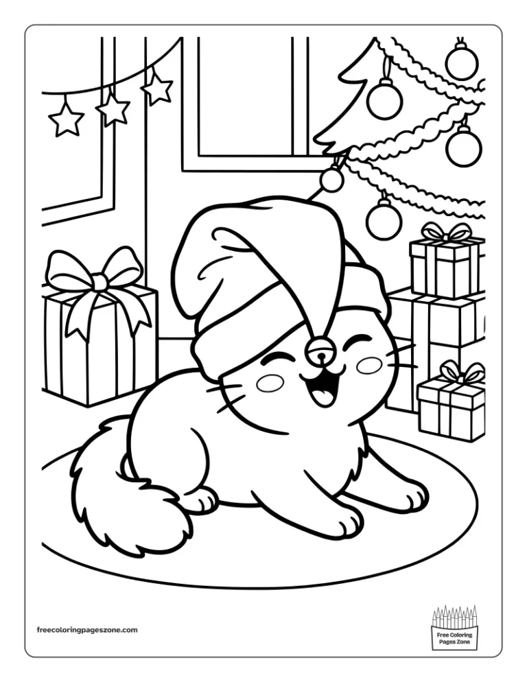 Christmas kitten giggling in a Santa hat that is far too big coloring page