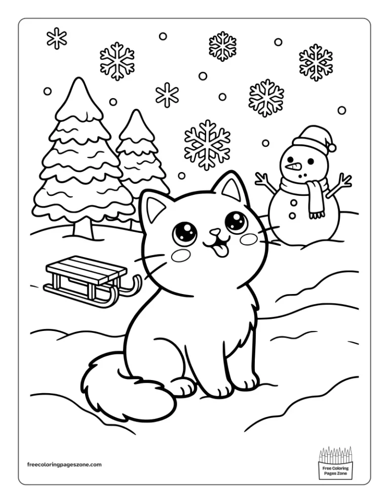 Christmas kitten catching a big snowflake on its tongue next to a snowman coloring page