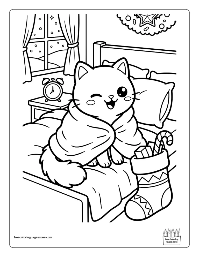 Christmas morning kitten in bed spotting a full stocking with a candy cane coloring page