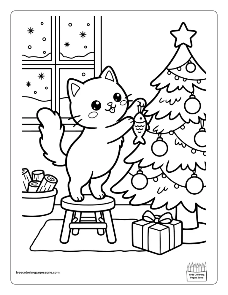 Christmas kitten on a wooden stool hanging a fish-shaped ornament on the tree coloring page