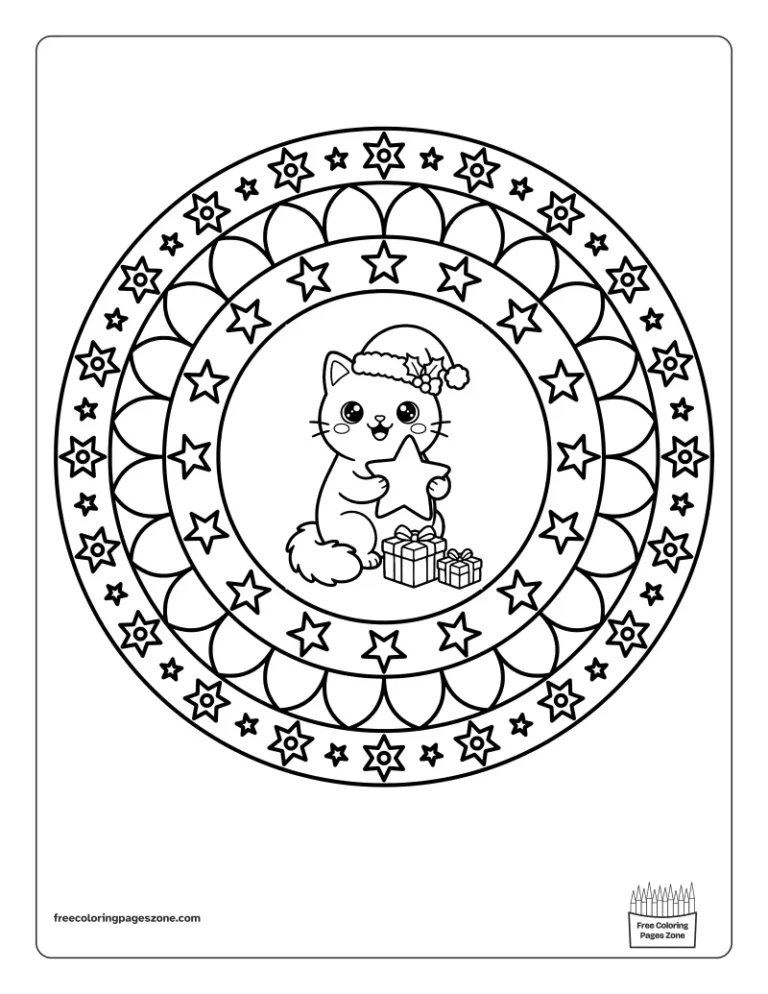 Christmas mandala coloring page of a cat in a Santa hat holding a star, framed by rings of stars and snowflakes