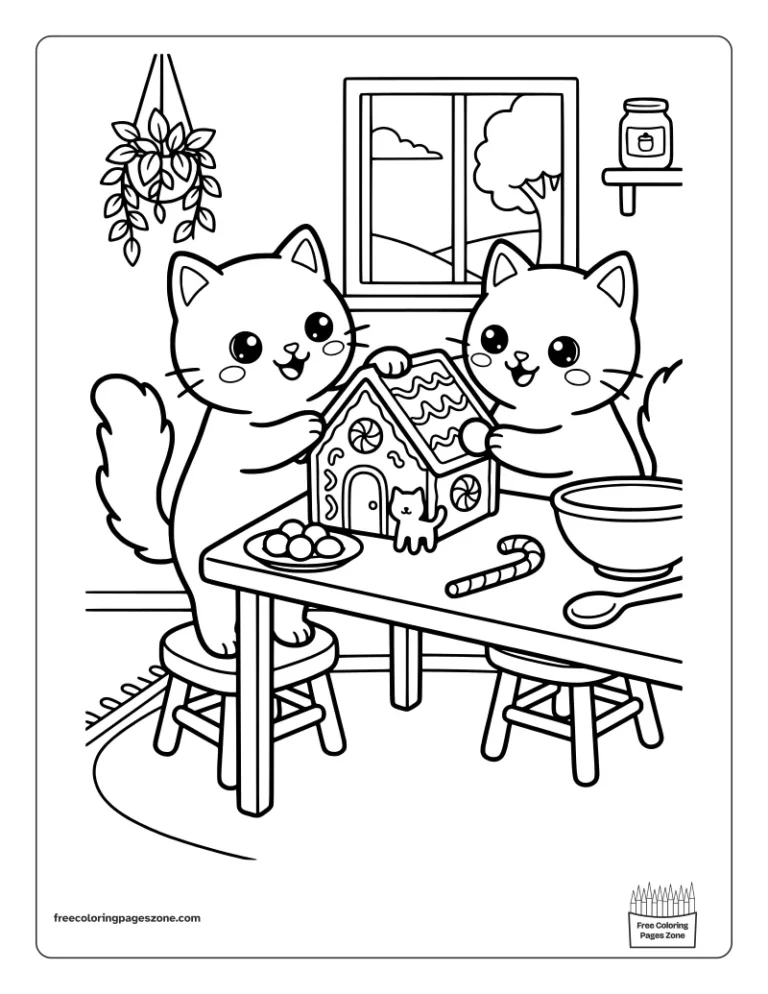 Two Christmas cats building a gingerbread house together, bold and easy coloring page