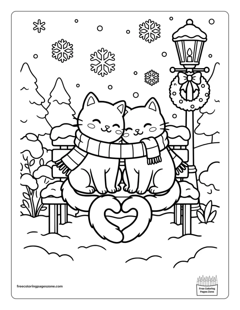 Two Christmas cats sharing one long scarf on a snowy park bench, tails curled into a heart, coloring page