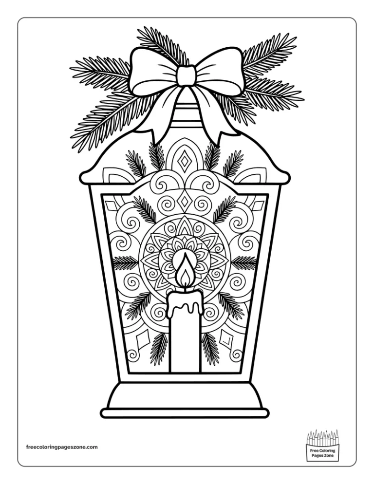 Christmas mandala lantern coloring page with a candle inside, pine branches and a ribbon bow