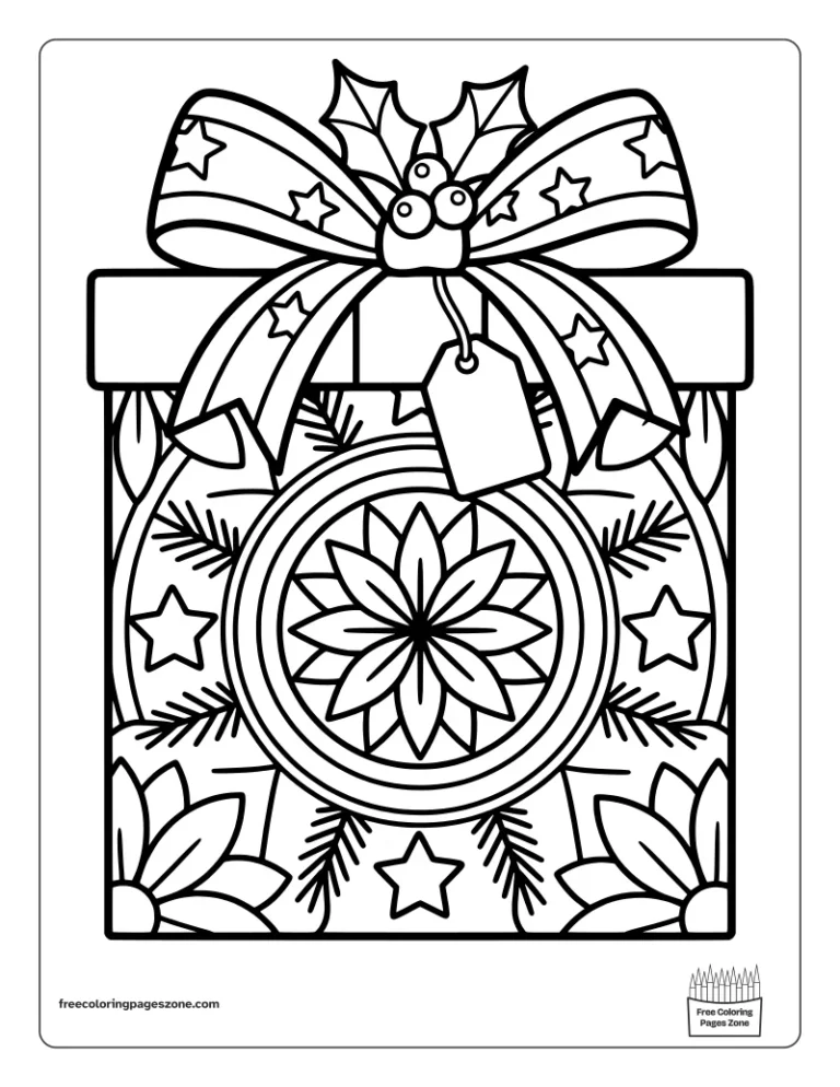 Christmas mandala present coloring page with a starry ribbon bow, holly berries, a blank gift tag and pine sprigs