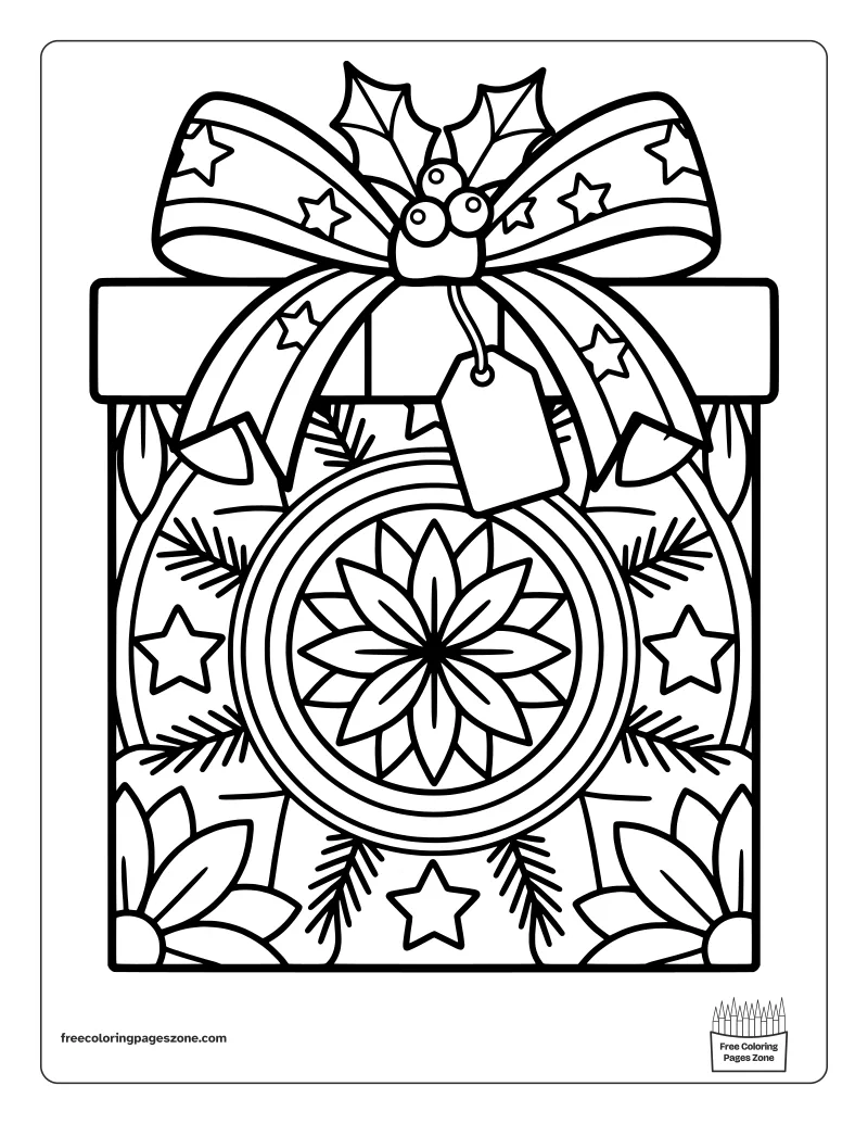 Christmas mandala present coloring page with a starry ribbon bow, holly berries, a blank gift tag and pine sprigs