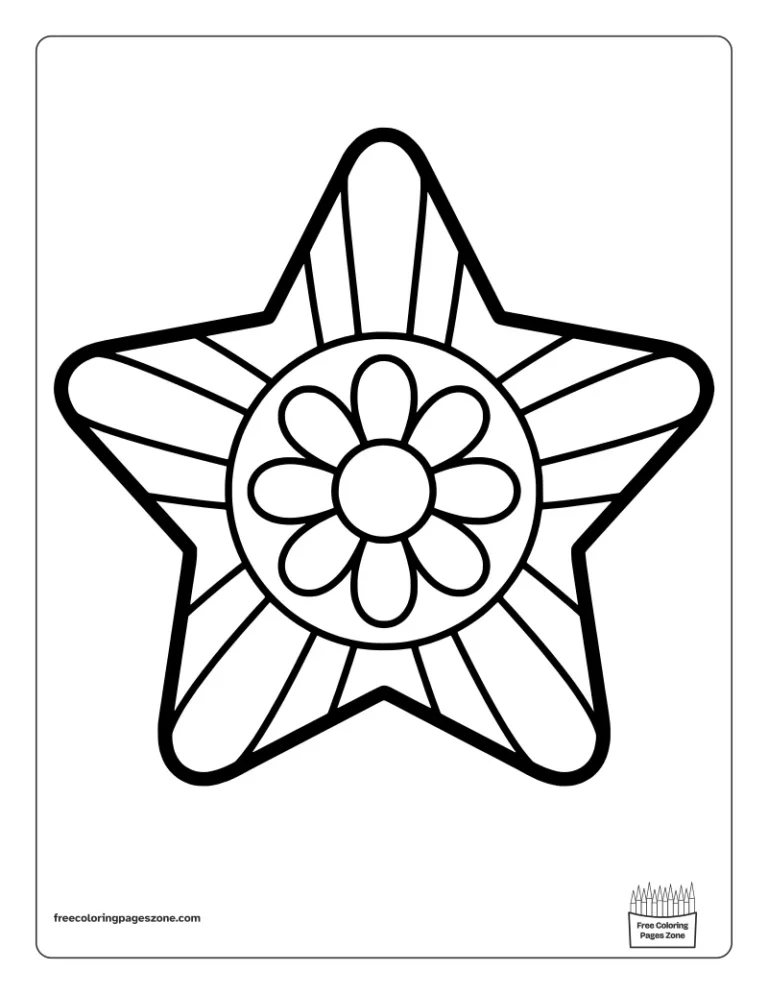 Christmas mandala star coloring page with one big flower in the center and wide rays, very easy to color