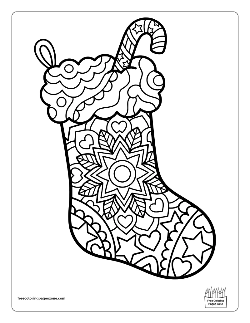 Christmas mandala stocking coloring page with a fluffy cuff, a candy cane, stars and petals