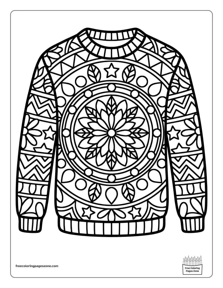 Christmas mandala sweater coloring page of a knitted holiday sweater with a big mandala on the front