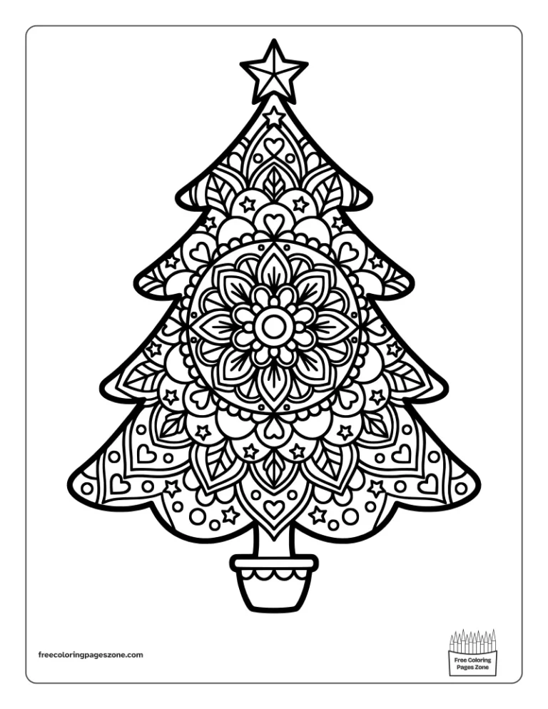 Christmas mandala tree coloring page with a star on top, a pot and rings of petals and small stars