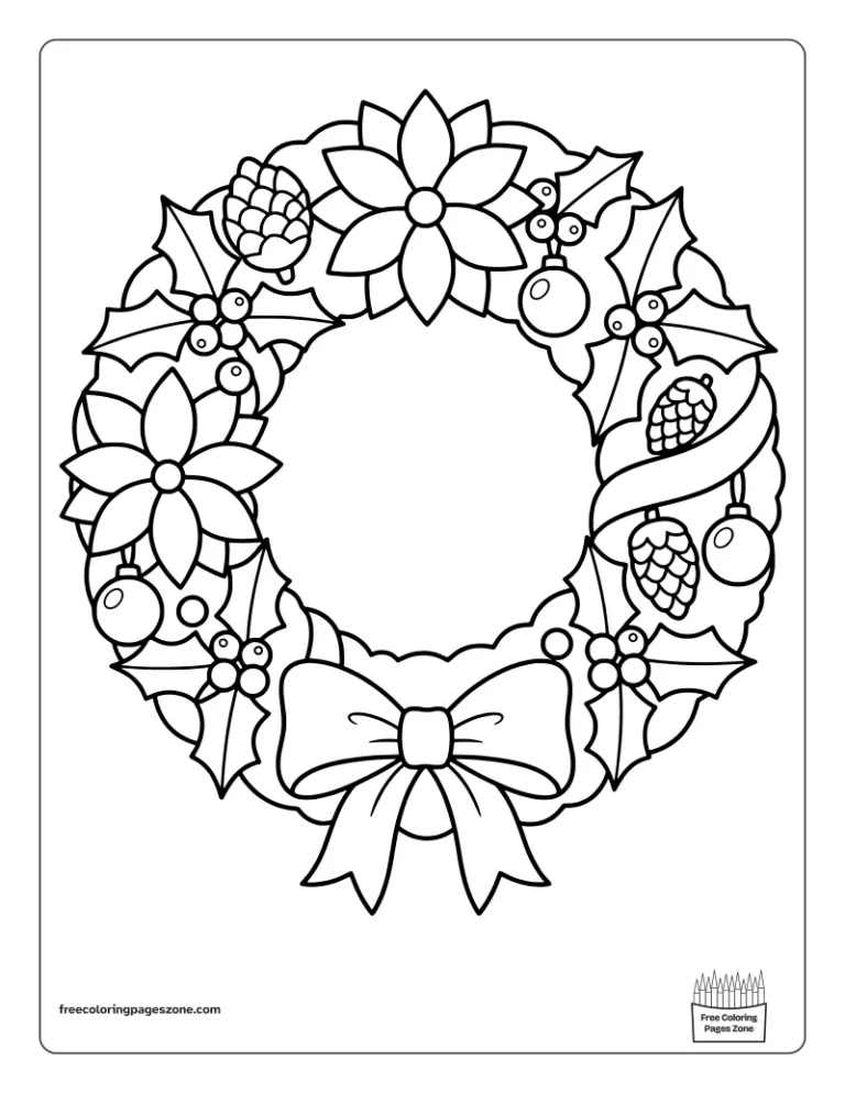 Christmas mandala wreath coloring page with poinsettias, holly berries, pine cones, ornaments and a big bow